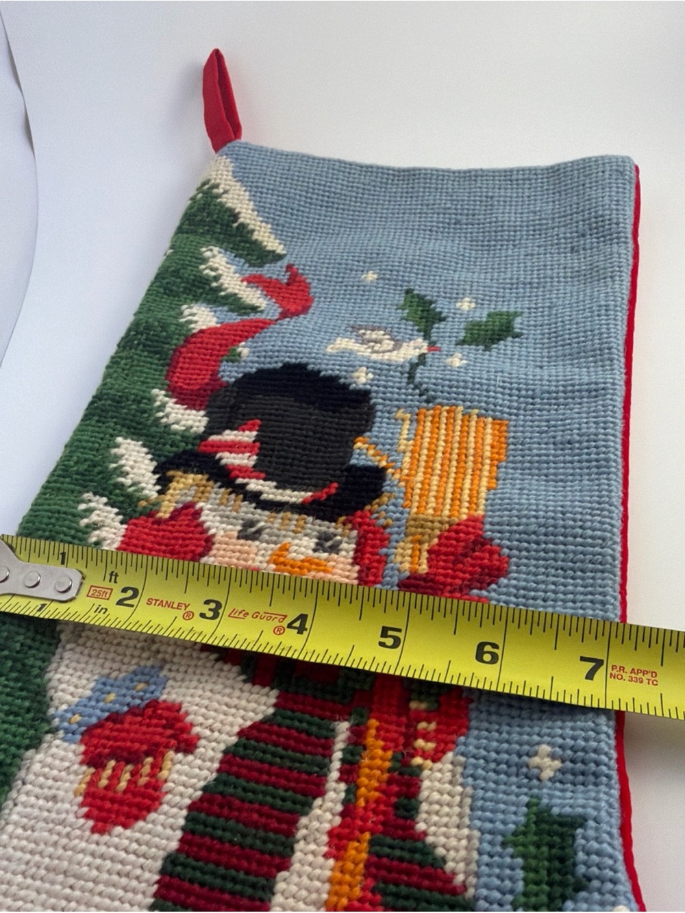 Vintage Wool Needlepoint Christmas Stocking Velvet Let It Snow Snowman - Picture 15 of 15